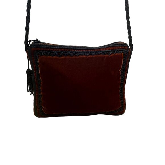 Women’s Orange & Black Velvet Embroidered Tassel Zipper Strap Crossbody Purse - Picture 4 of 9